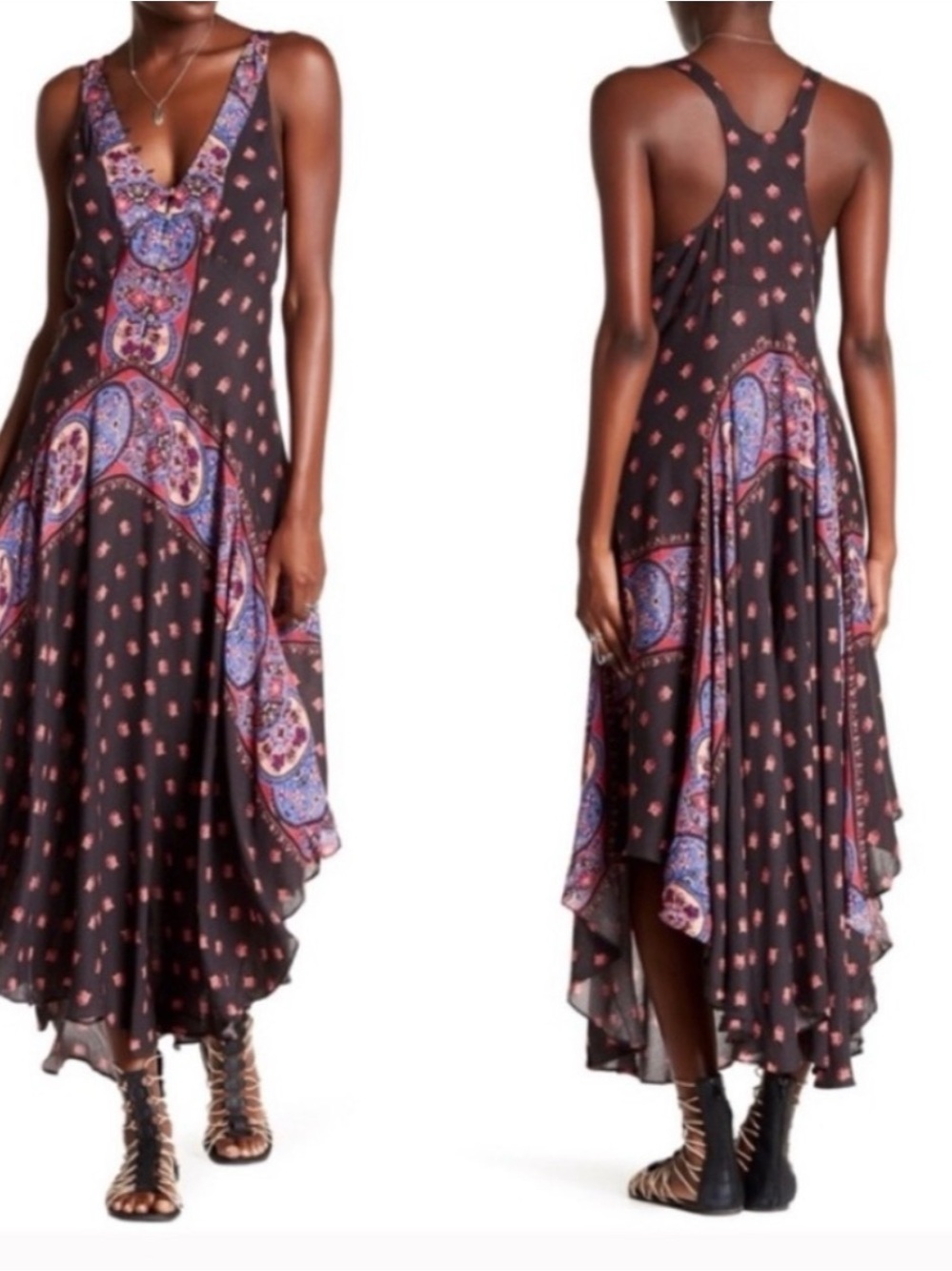 Free People Intimately Faithfully Yours Black Paisley-Panel High-Low Maxi Dress